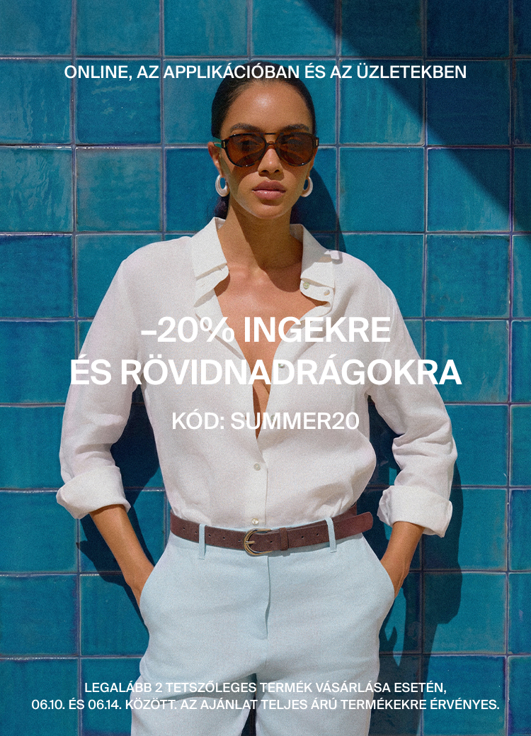 Nyári akciót hirdető reklám: 20% kedvezmény lenvászon ruházatra és rövidnadrágokra promóciós kóddal, online, alkalmazásban és üzletekben, meghatározott időszakban és feltételekkel.