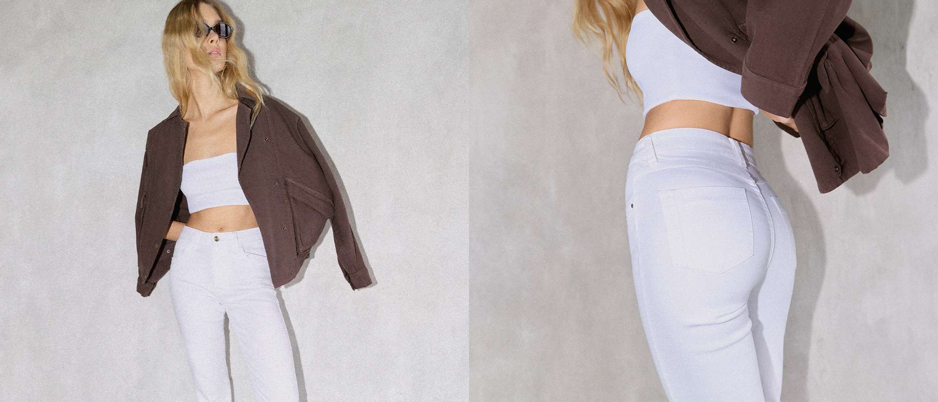 Naiste vabaaja rõivakomplekti esitlus, rõhutades kõrge värvliga pükste istuvust ja siluetti eest- ja tagantvaates, et toetada toote hindamist ja stiiliotsuseid.