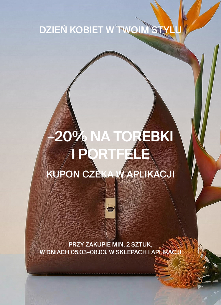 Grafika promująca ofertę na Dzień Kobiet: zniżka na torebki i portfele z kuponem w aplikacji, obowiązująca przy zakupie co najmniej dwóch produktów w określonym terminie.