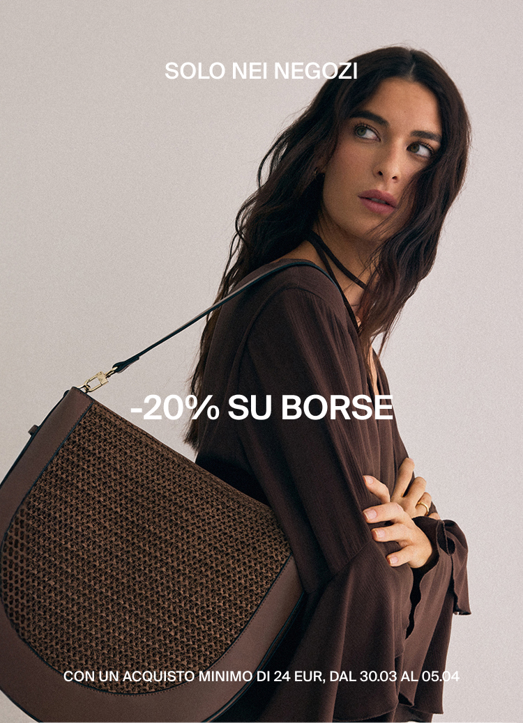 Promozione in negozio sulle borse con sconto del 20%, disponibile per un periodo limitato con acquisto minimo.