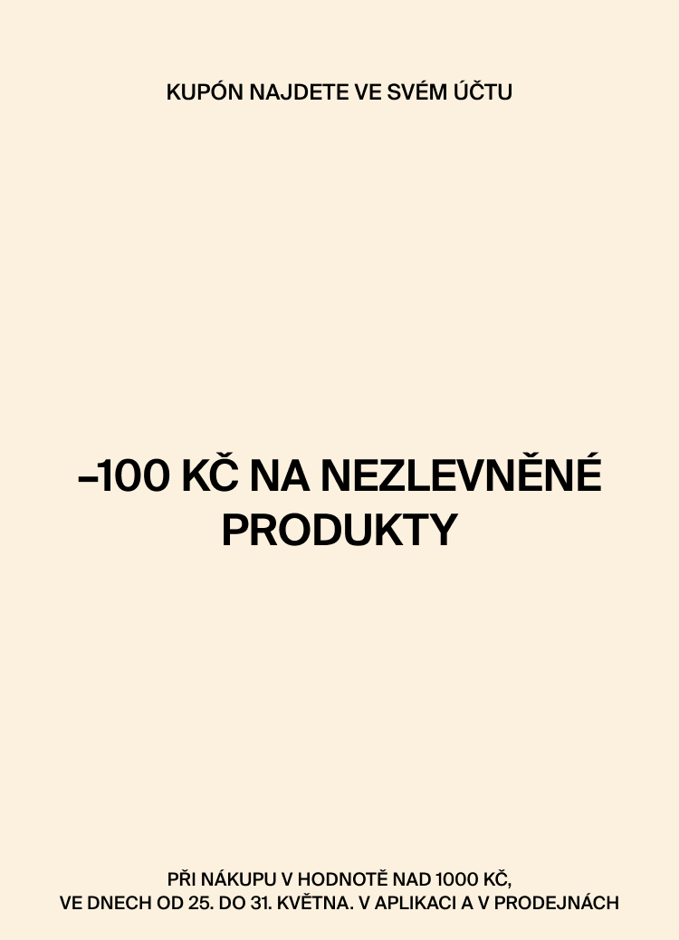 Informace o slevovém kuponu dostupném v uživatelském účtu, platném na nezlevněné zboží při nákupu nad stanovenou hodnotu v omezeném termínu v aplikaci i prodejnách.