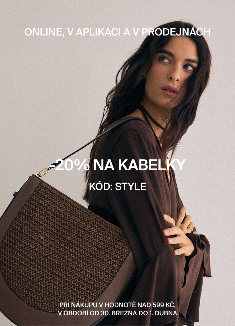 Propagační sdělení o slevě 20 % na kabelky s kódem STYLE, dostupné online, v aplikaci i v prodejnách, při nákupu nad 599 Kč v omezeném termínu.