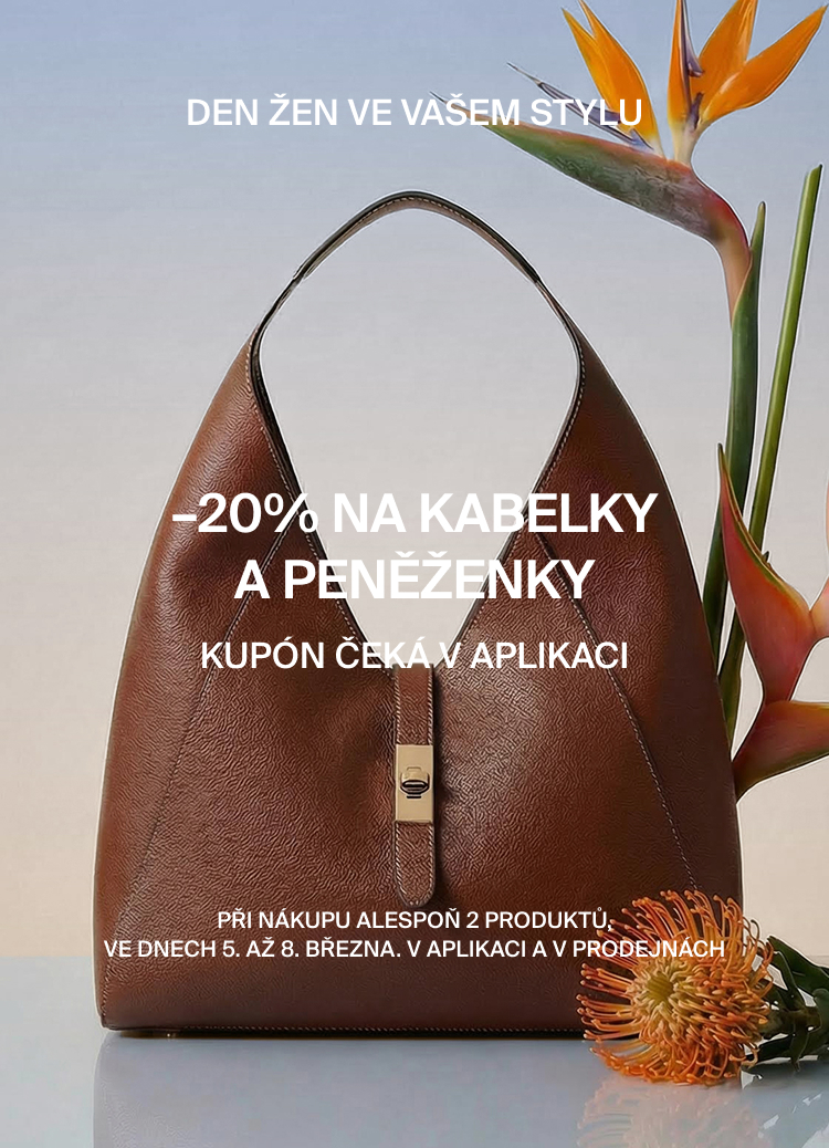 Propaguje nabídku ke Dni žen: sleva 20 % na kabelky a peněženky, dostupná prostřednictvím kupónu v mobilní aplikaci.