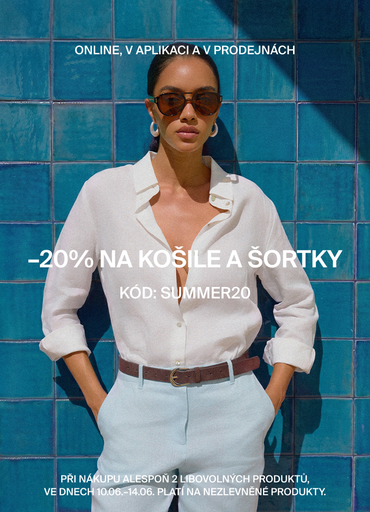 Propagační sdělení o letní slevě 20 % na košile a šortky s kódem SUMMER20, platné online, v aplikaci i v prodejnách při nákupu alespoň dvou produktů v uvedeném termínu.